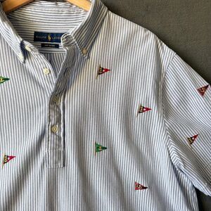 Polo Ralph Lauren Hampton Knit Oxford Shirt Men's XL Blue Stripe Nautical Flags
